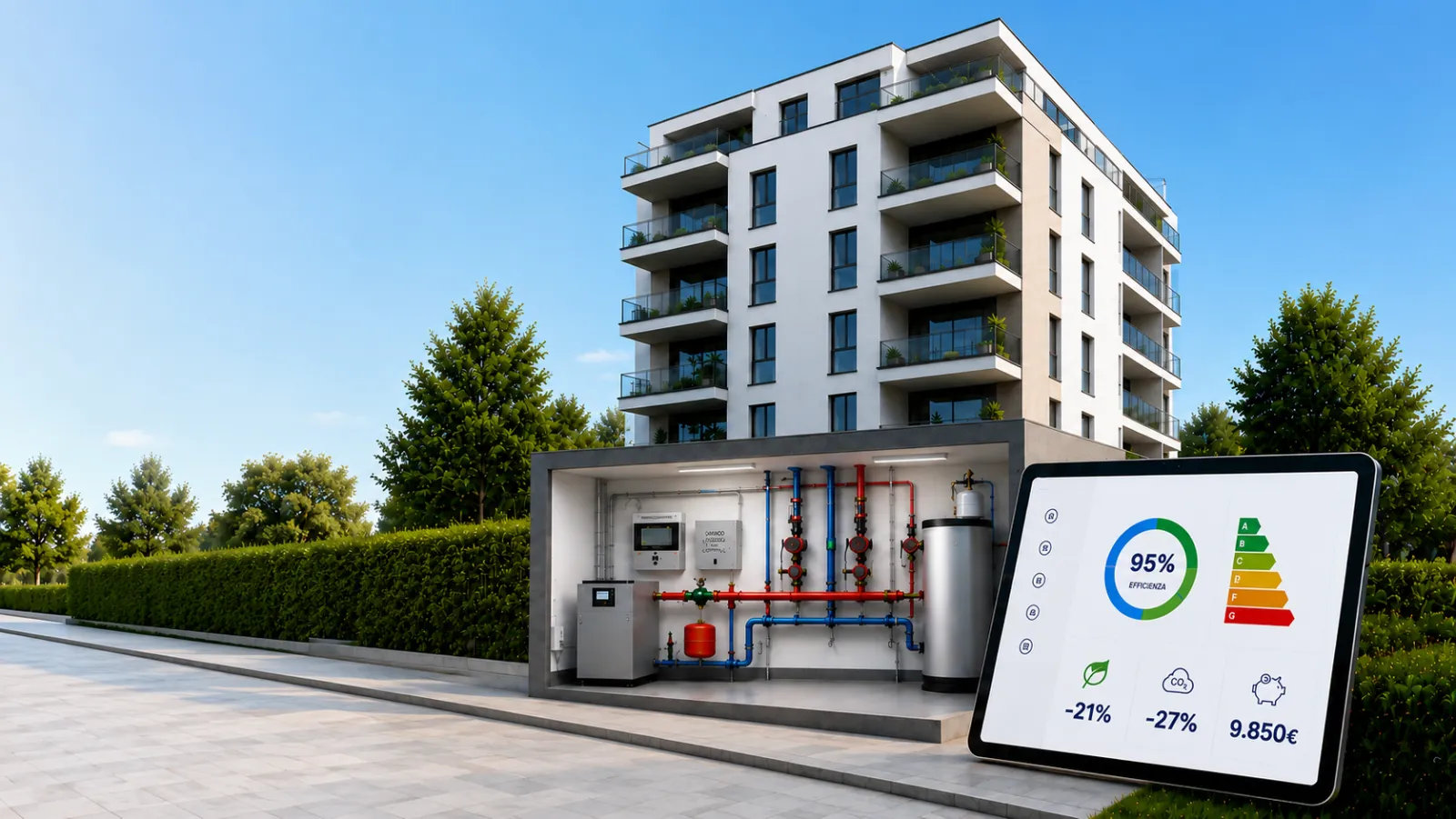 Condominio con centrale termica ottimizzata e tablet con dashboard di efficienza energetica